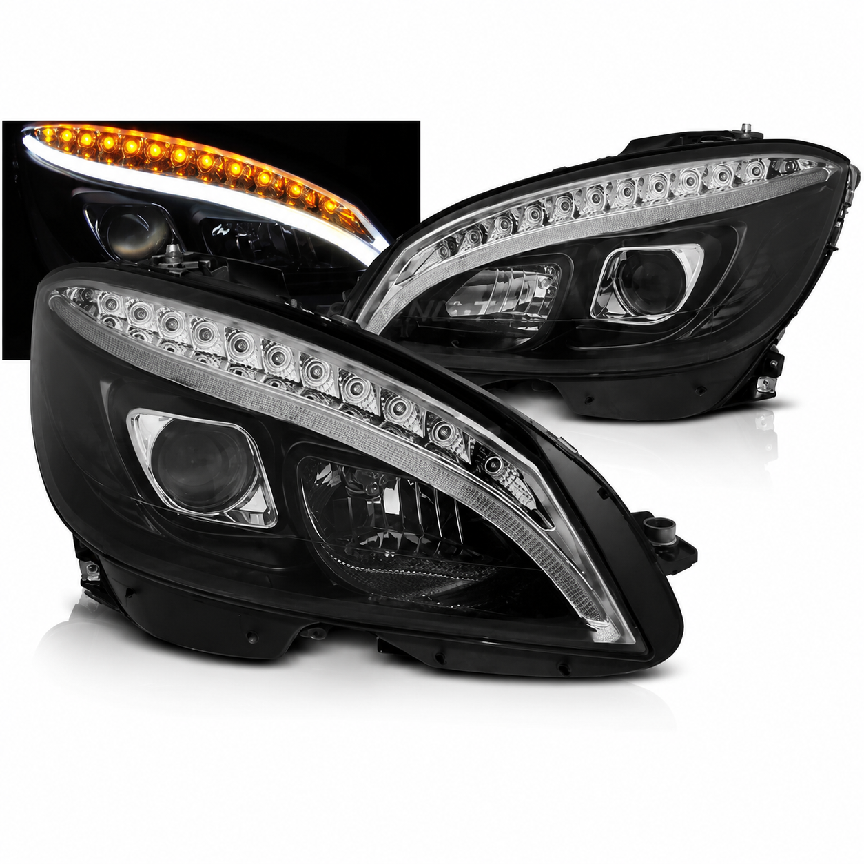 💕 Fari Anteriori Adatto per MERCEDES W204 07-10 Tube Light LED Dinamici Neri 💕