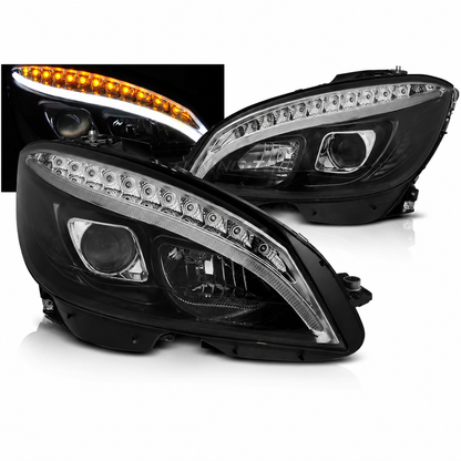💕 Fari Anteriori Adatto per MERCEDES W204 07-10 Tube Light LED Dinamici Neri 💕