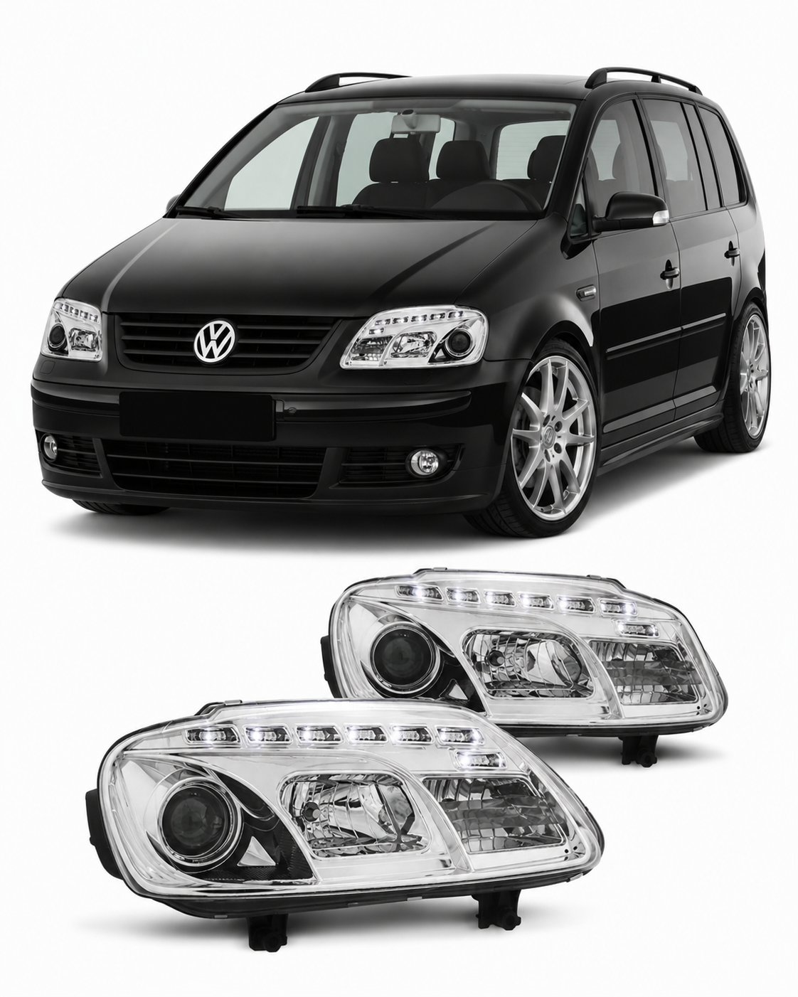 💕 Fari Anteriori Adatto per VW Touran 02-06 / Caddy 02-06 Daylight LED Cromati 💕