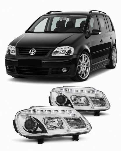 💕 Fari Anteriori Adatto per VW Touran 02-06 / Caddy 02-06 Daylight LED Cromati 💕