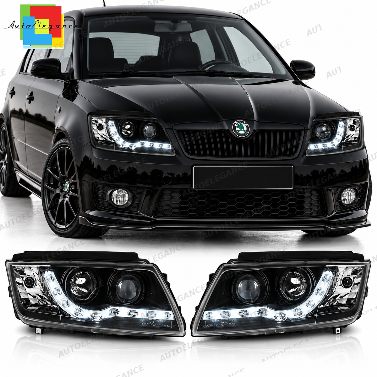 💕 Fari Anteriori Adatti per Skoda Fabia 99-08 LED DRL Neri 💕