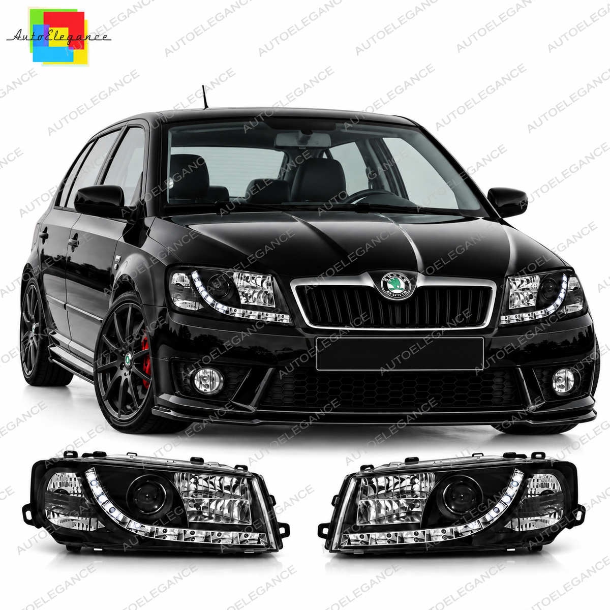 💕 Fari Anteriori Adatti per Skoda Octavia I 00-10 LED DRL Neri 💕