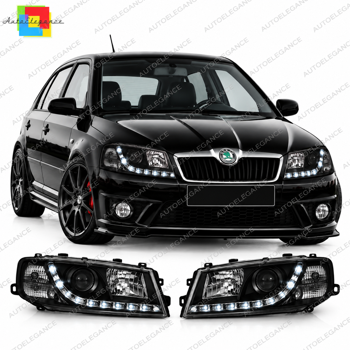 💕 Fari Anteriori Adatti per Skoda Octavia II 03-08 Xenon LED DRL Neri 💕
