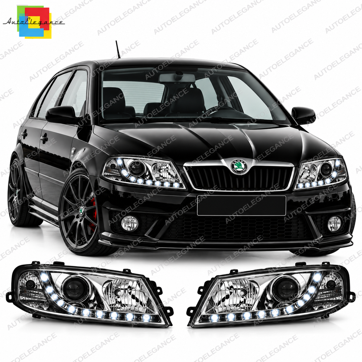💕 Fari Anteriori Adatti per Skoda Octavia II 03-08 LED DRL Cromati 💕