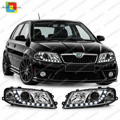 💕 Fari Anteriori Adatti per Skoda Octavia II 03-08 LED DRL Cromati 💕