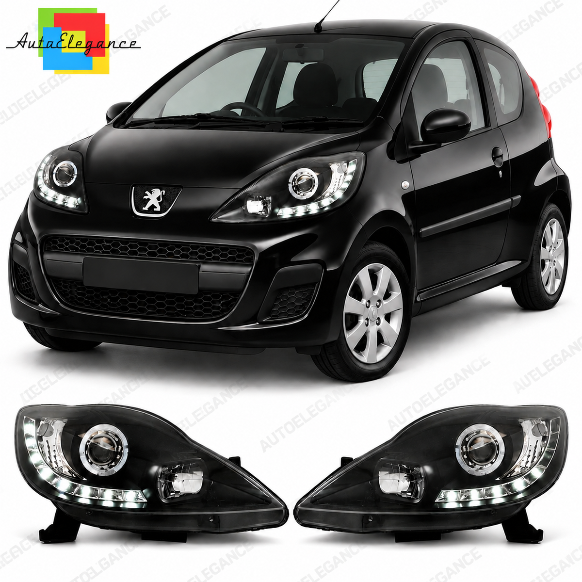 💕 Fari Anteriori Adatti per Peugeot 107 05-11 LED DRL Angel Eyes Neri 💕