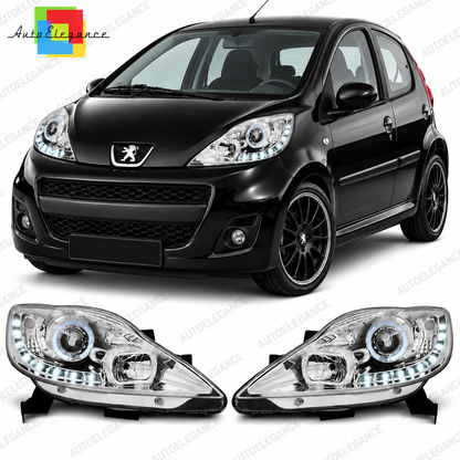 💕 Fari Anteriori Adatti per Peugeot 107 05-11 LED DRL Angel Eyes Cromati 💕