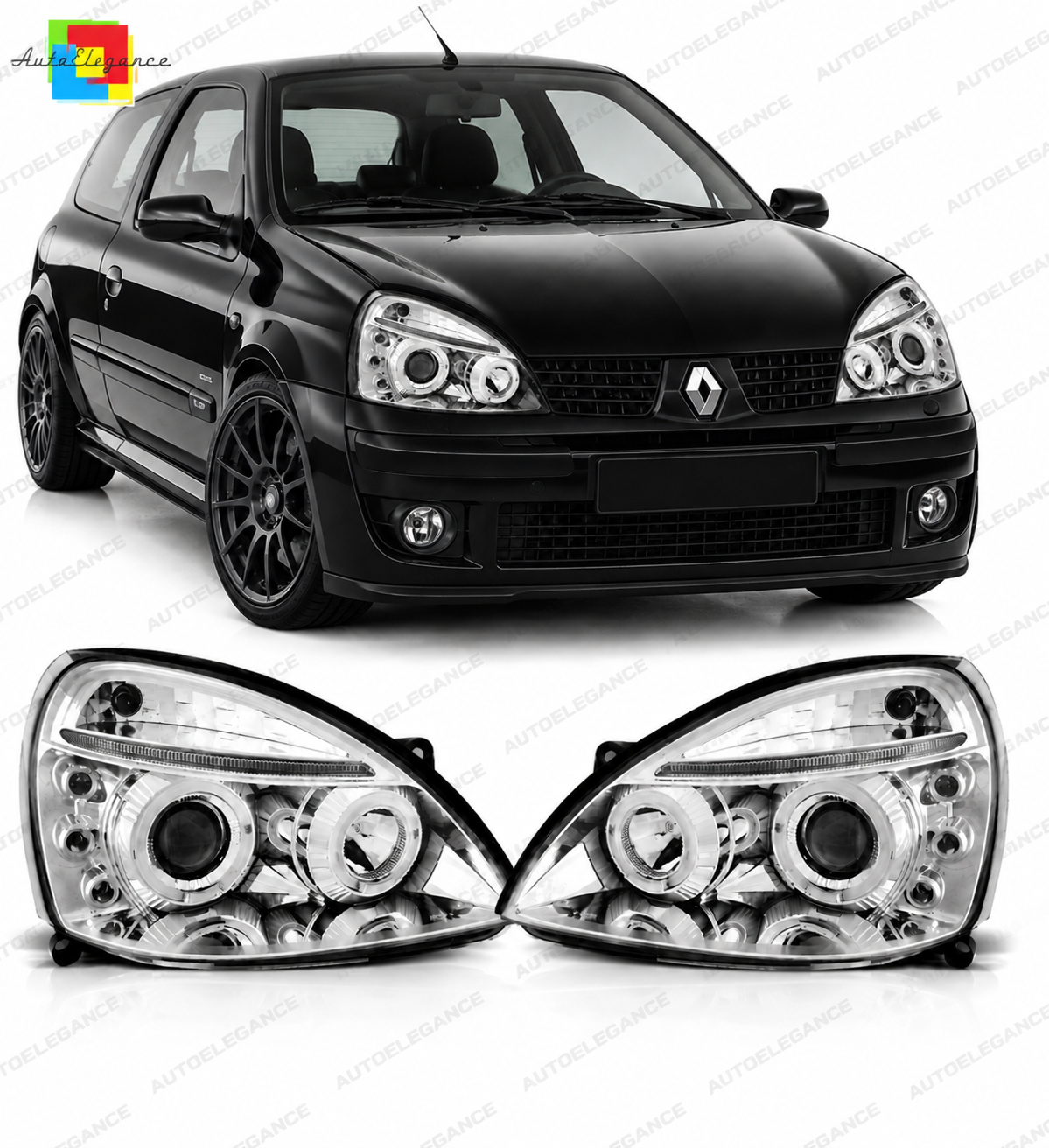 💕 Fari Anteriori Adatti per Renault Clio II 01-05 Angel Eyes Cromati 💕