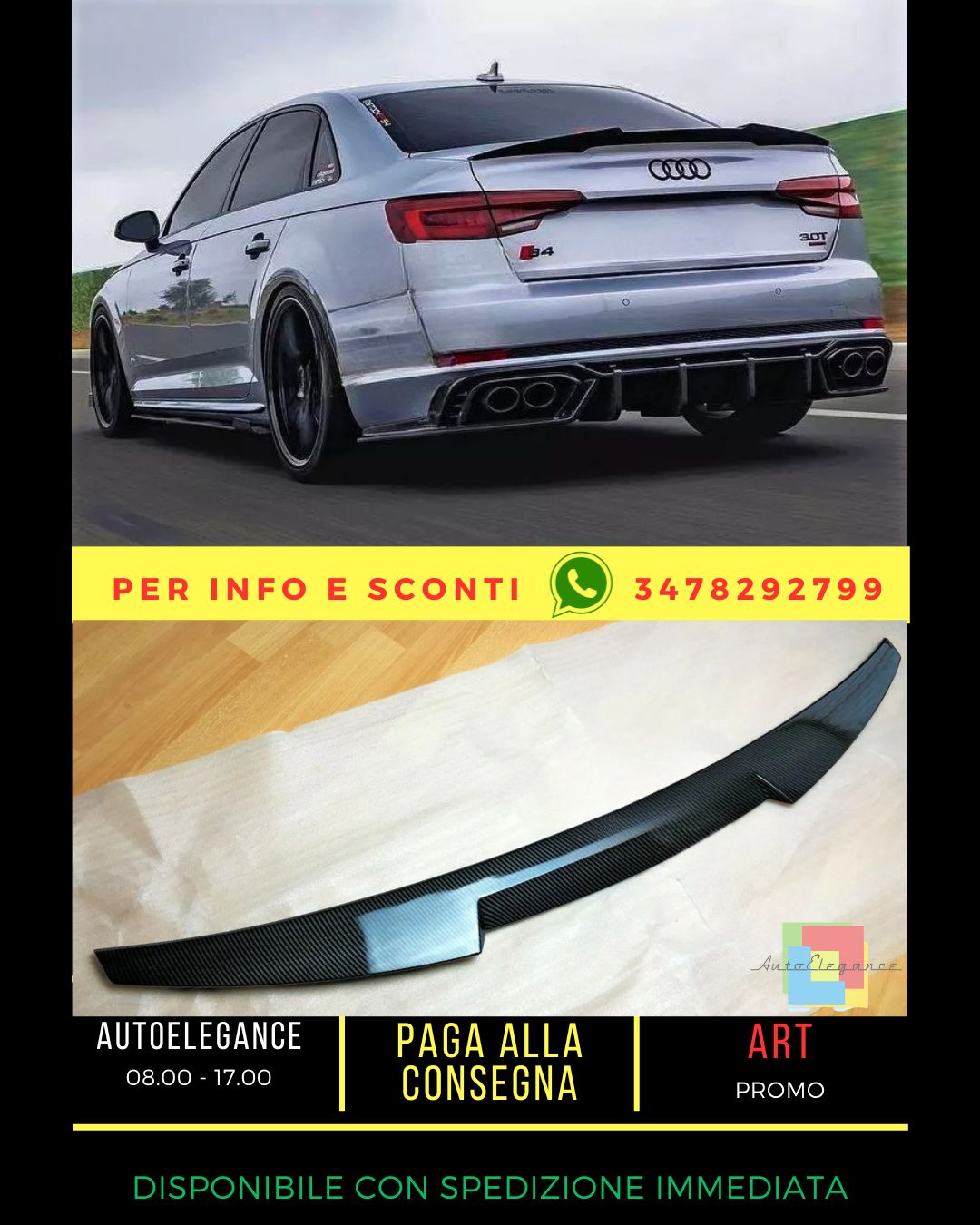🔥KIT Spoiler Posteriore Nero Lucido Adatto Per Audi A4 B9 Berlina 🔥