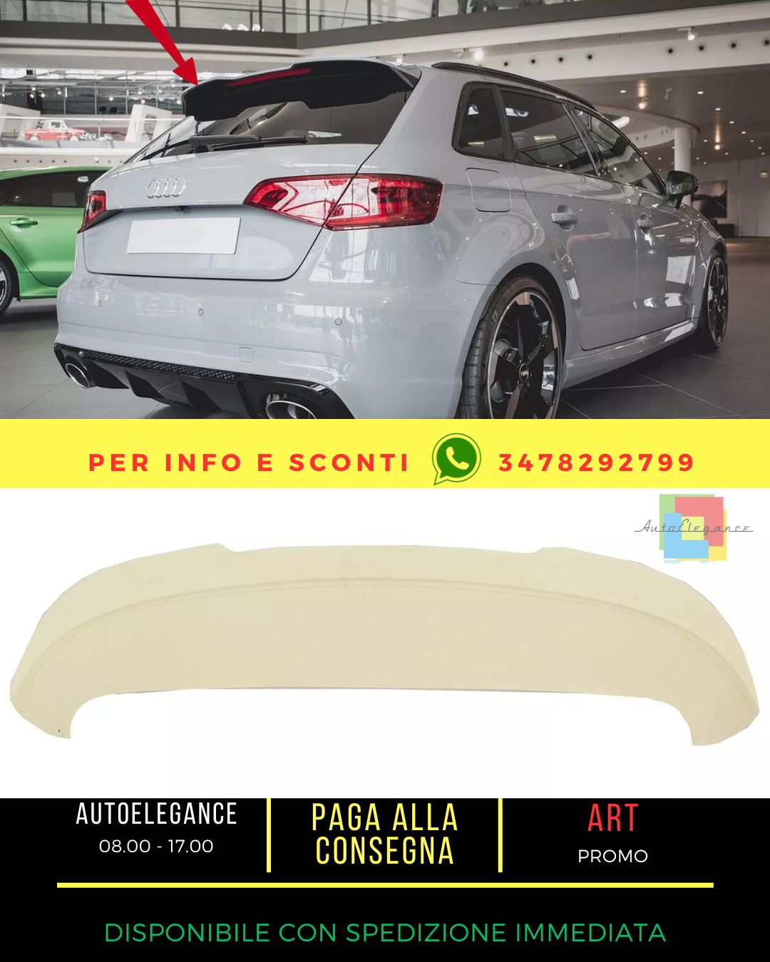 😍Add-On Spoiler sul tetto per Audi A3 8V Sportback 5 porte 2012- RS3 Look😍
