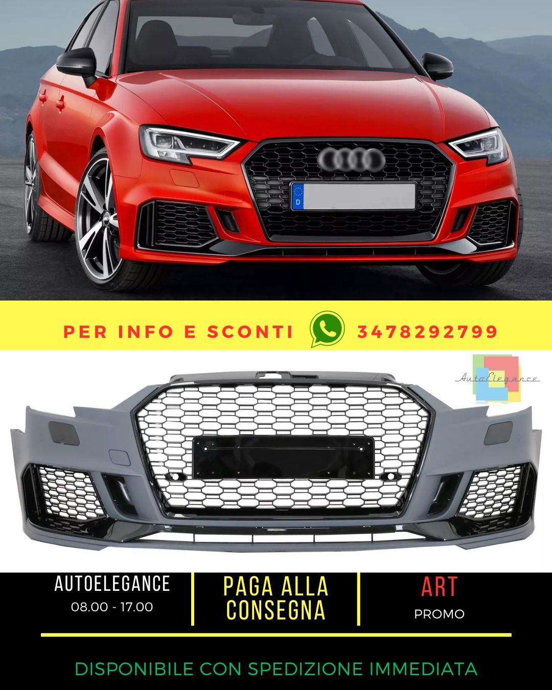 Paraurti per Audi A3 8V Facelift 16-19 Sedan Cabrio RS3 Look Nero brillante