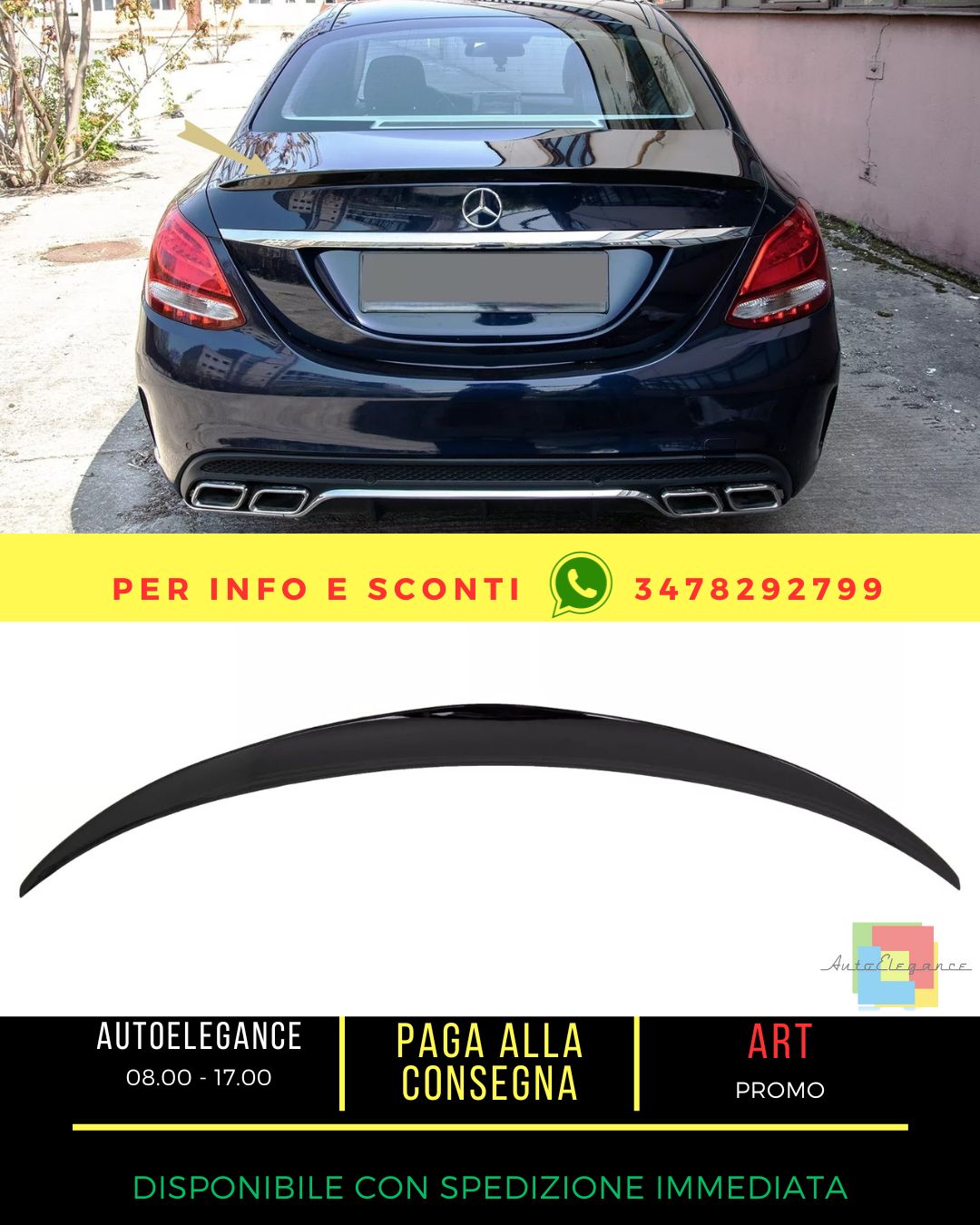 🤩Spoiler Tronco Bagagliaio per Mercedes Classe C W205 2014-2020 Nero Lucido🤩