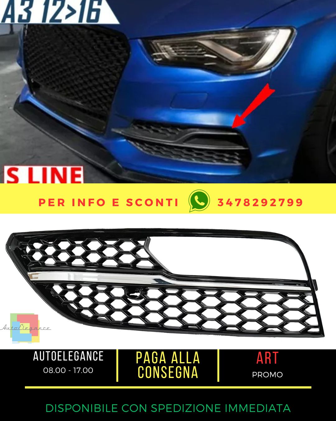 ✨Fendinebbia Copertine Lato griglie per Audi A3 8V 13-15 RS3 Design Nero lucido✨