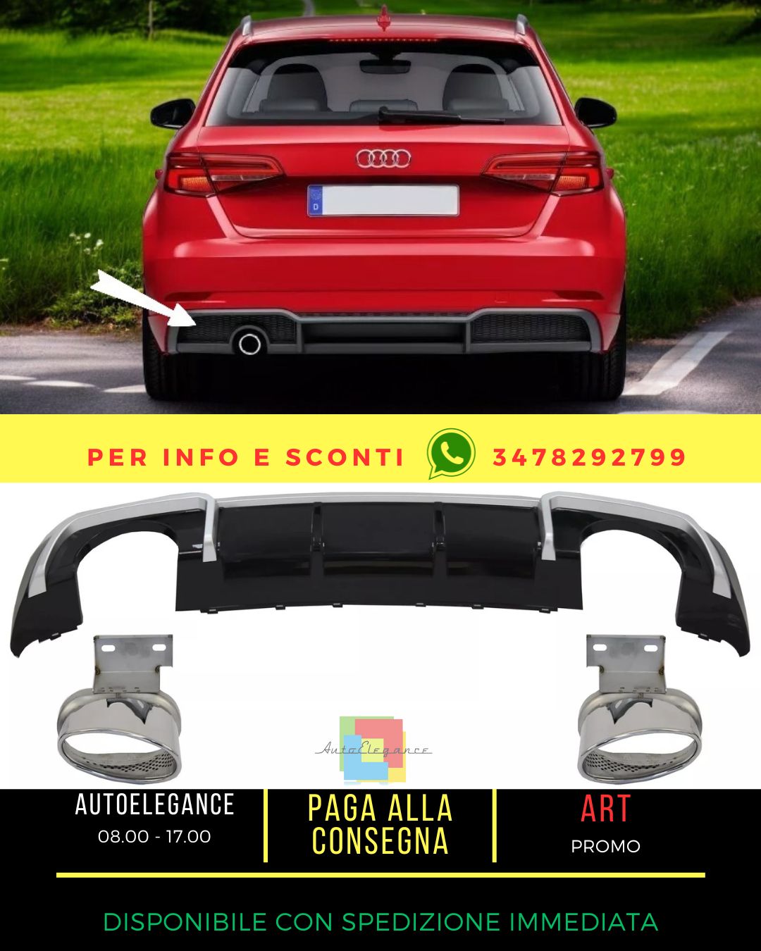 😍Diffusore Scarico per Audi A3 8V Sline Facelift 16-19 RS3 Look Sport😍