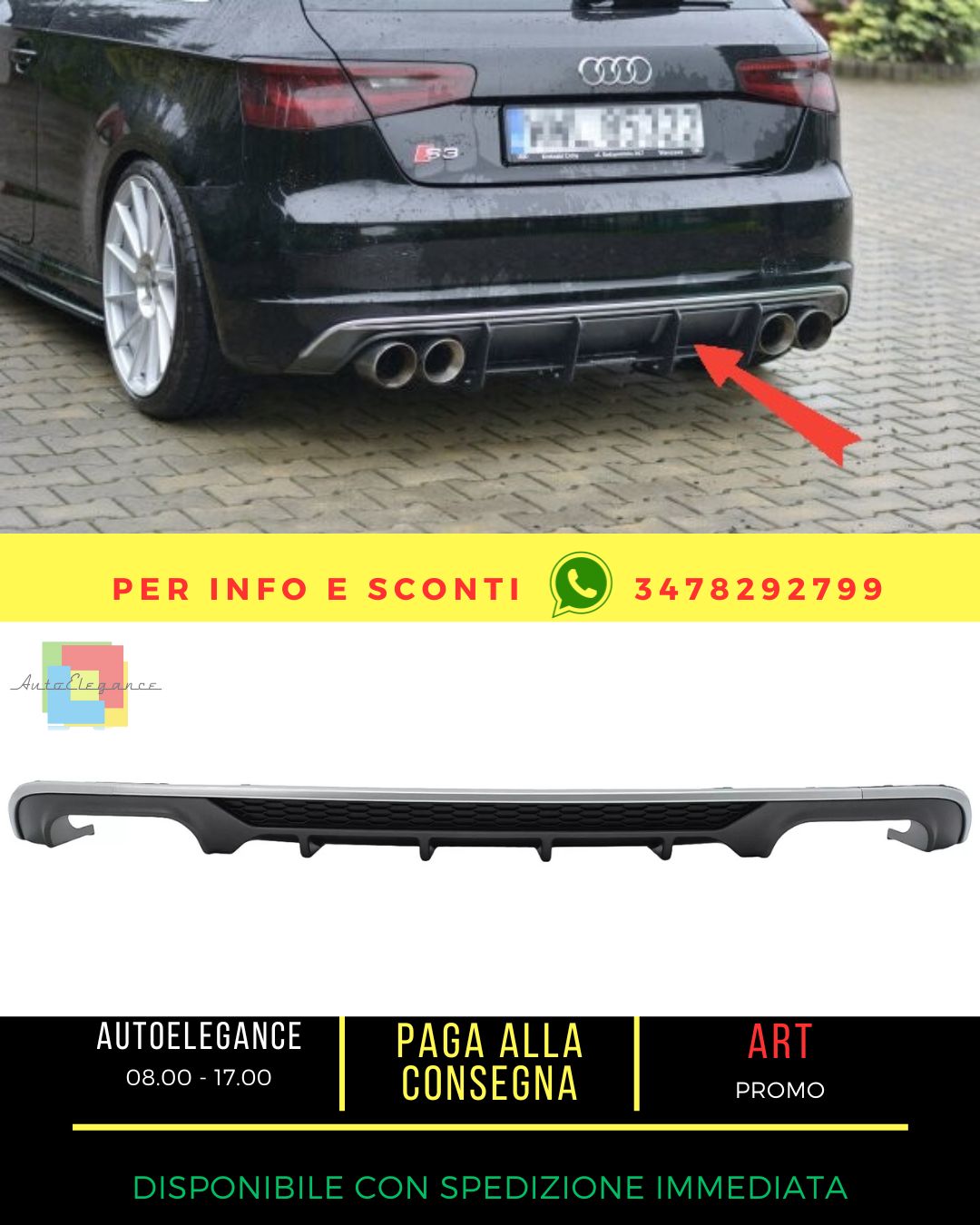 💎Diffusore paraurti per Audi A3 8V Berlina Convertibile 16-19 Standard S3💎