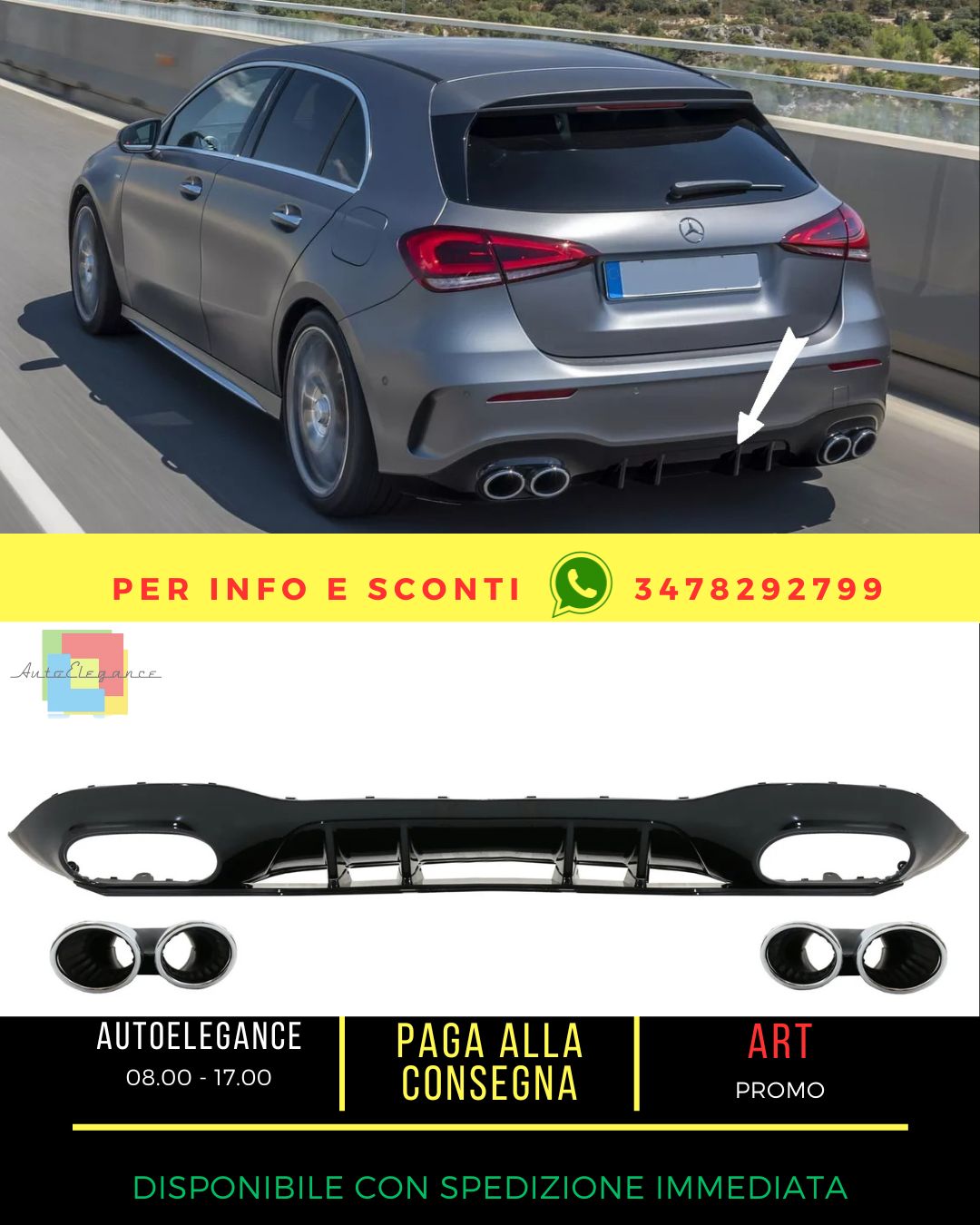 😍Diffusore per Mercedes A W177 Hatchback 2018+  Cromo Scarico😍