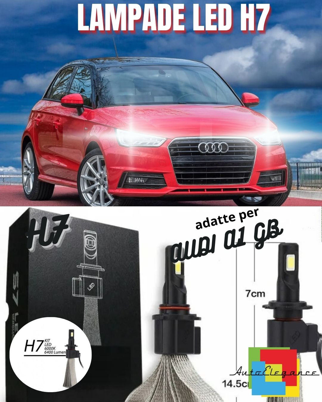KIT LED AUDI A1 GB H7 6000K BIANCO 6400 LUMEN XENON XENO ANABBAGLIANTI