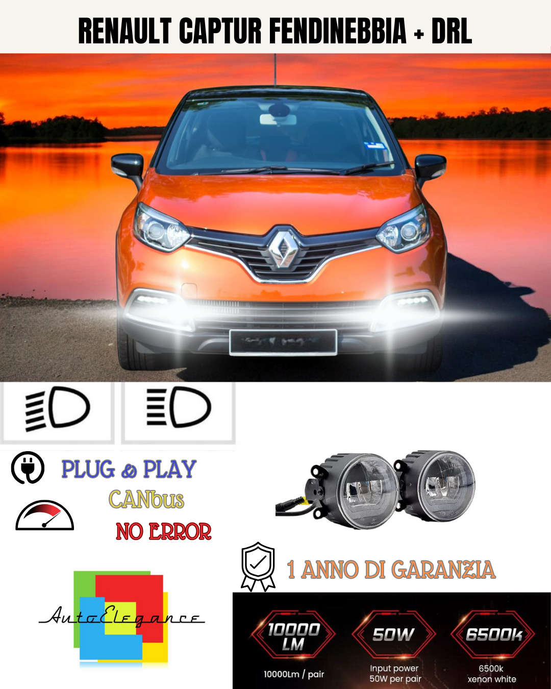 🔥SET PROIETTORI LED RENAULT CAPTUR PRE-RESTYLING NERO FENDINEBBIA + DRL🔥