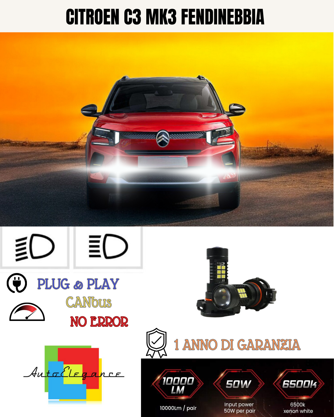 🔥KIT LED  PSX24W CITROEN C3 MK3 6000K BIANCO FENDINEBBIA 🔥