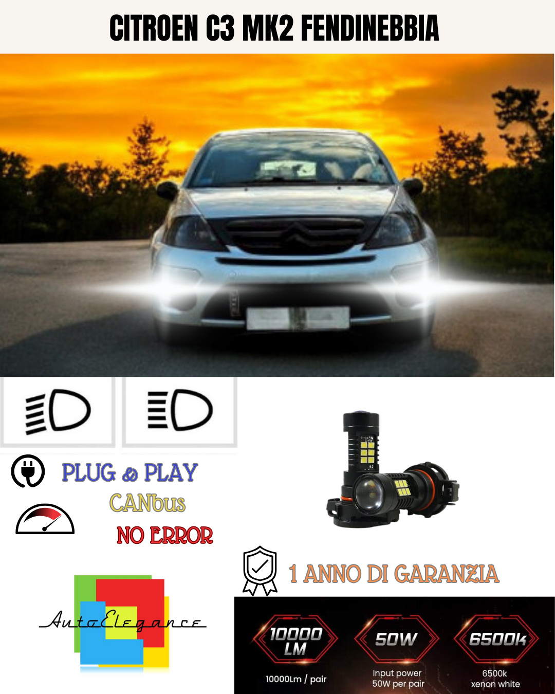 🔥KIT LED  PSX24W CITROEN C3 MK2 6000K BIANCO FENDINEBBIA 🔥