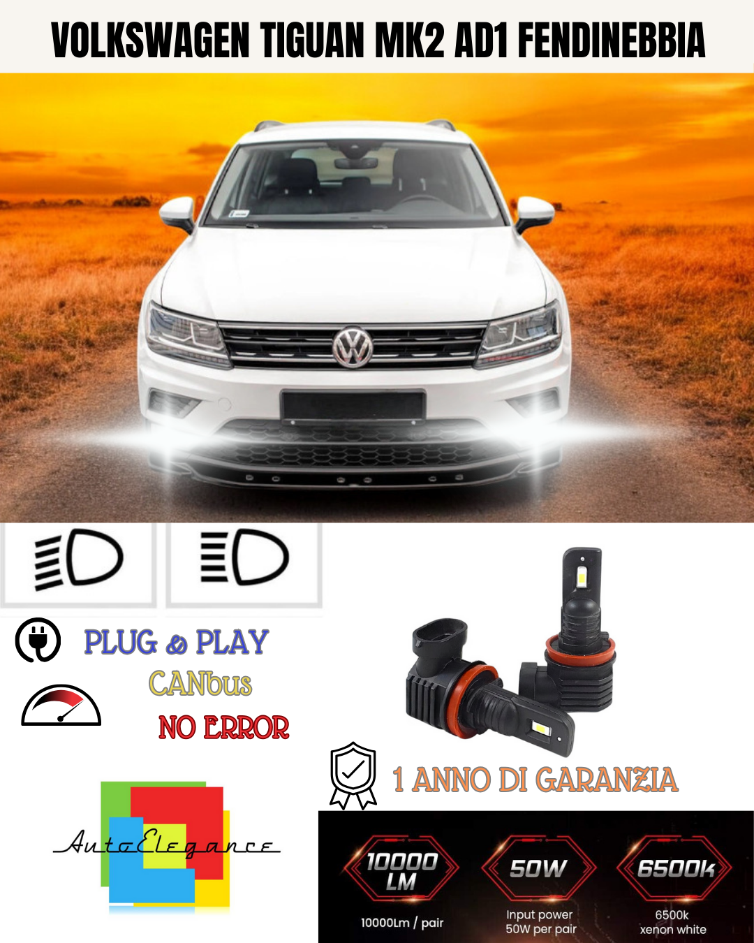 💫KIT LED H8 VOLKSWAGEN TIGUAN MK2 AD1  6000K BIANCO FENDINEBBIA 💫