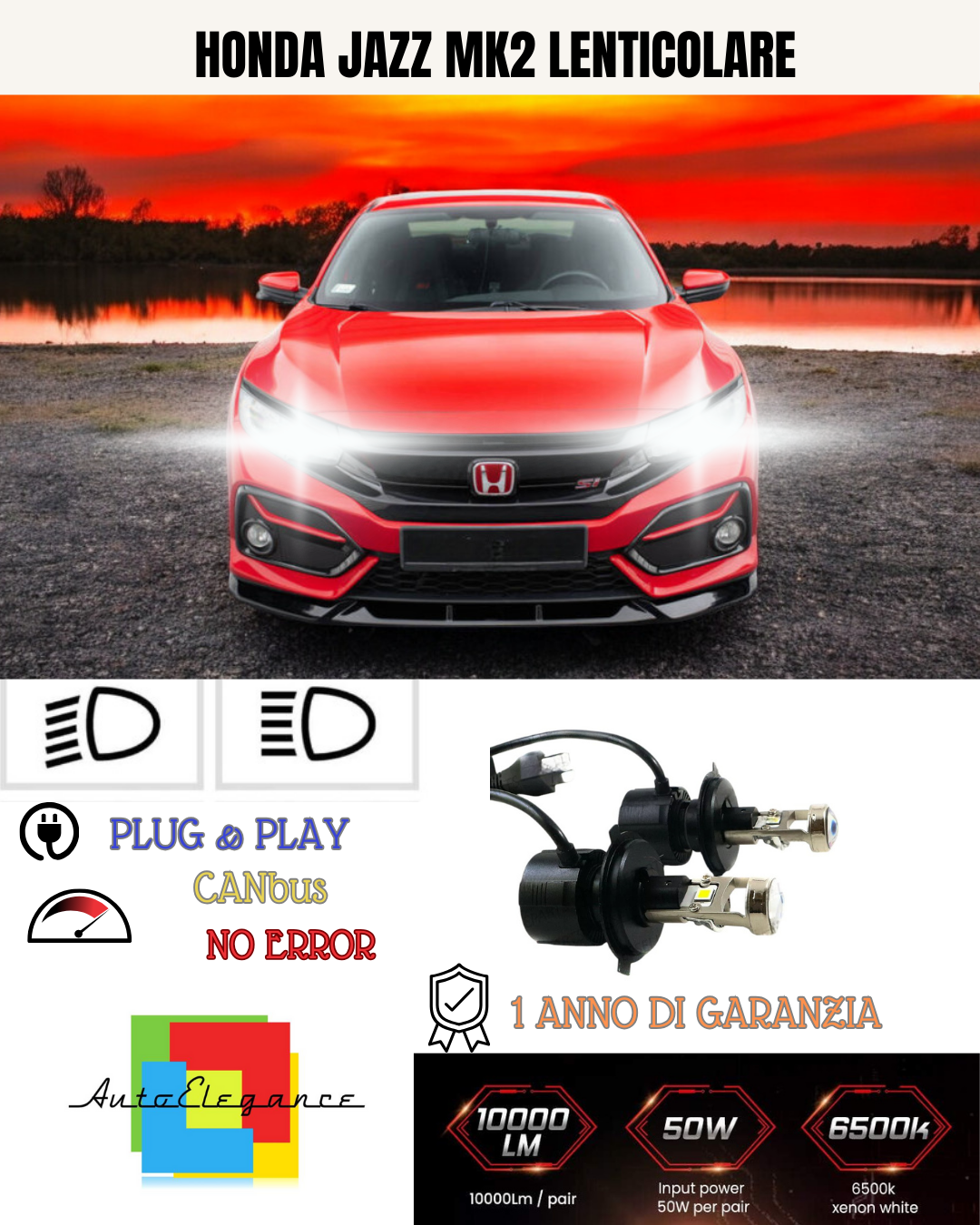 🔥KIT BI-LED H4  HONDA JAZZ MK2 6000K BIANCO LENTICOLARE🔥