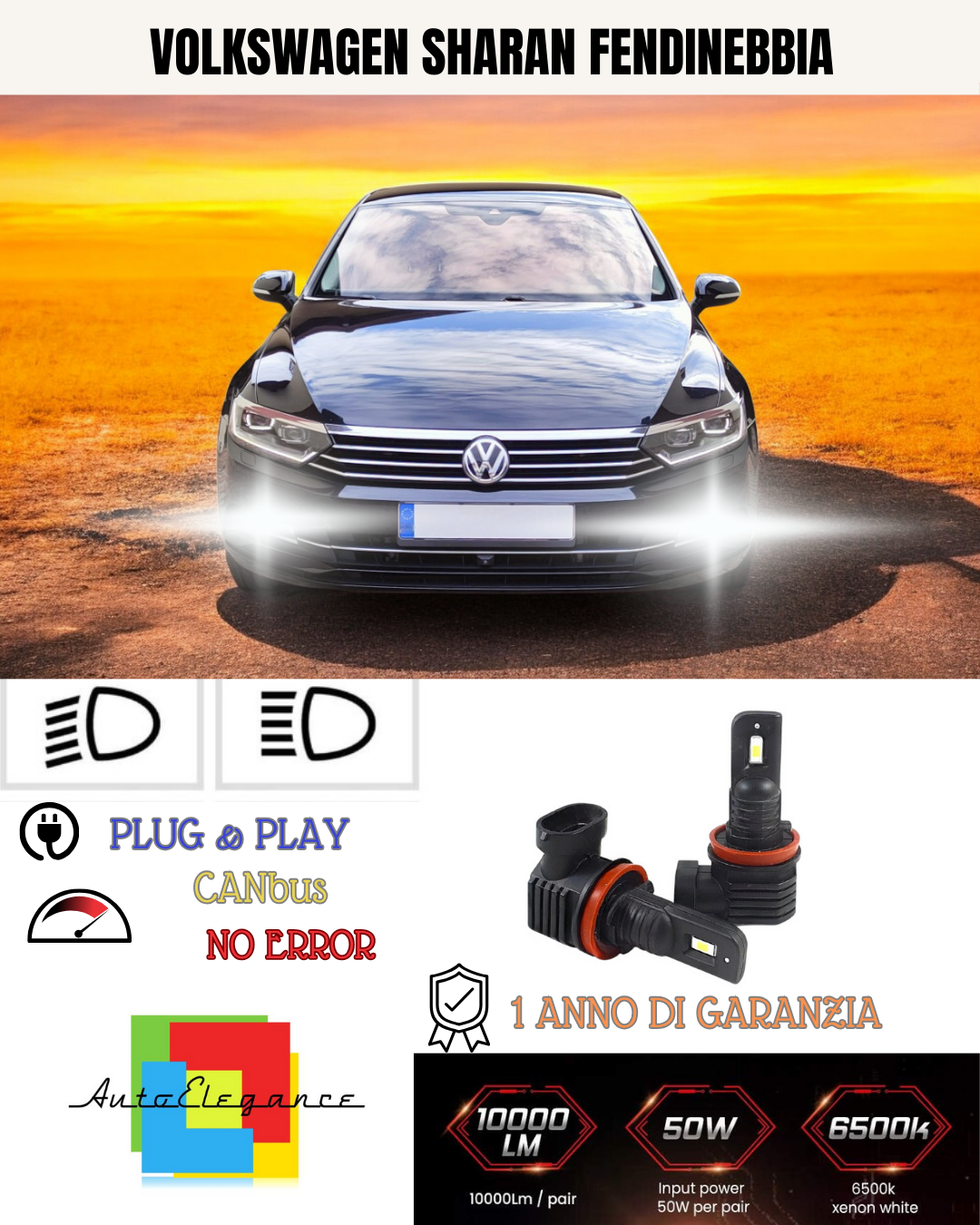 💫KIT LED H8 VOLKSWAGEN SHARAN 6000K BIANCO FENDINEBBIA 💫