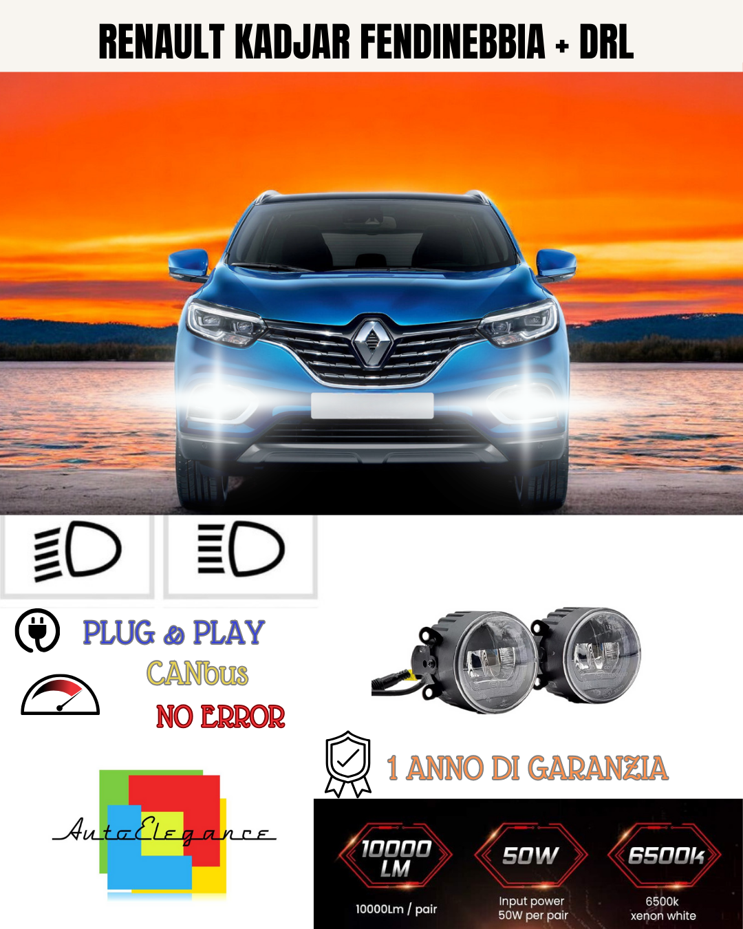 🔥SET PROIETTORI LED RENAULT KADJAR NERO 6500K FENDINEBBIA + DRL🔥