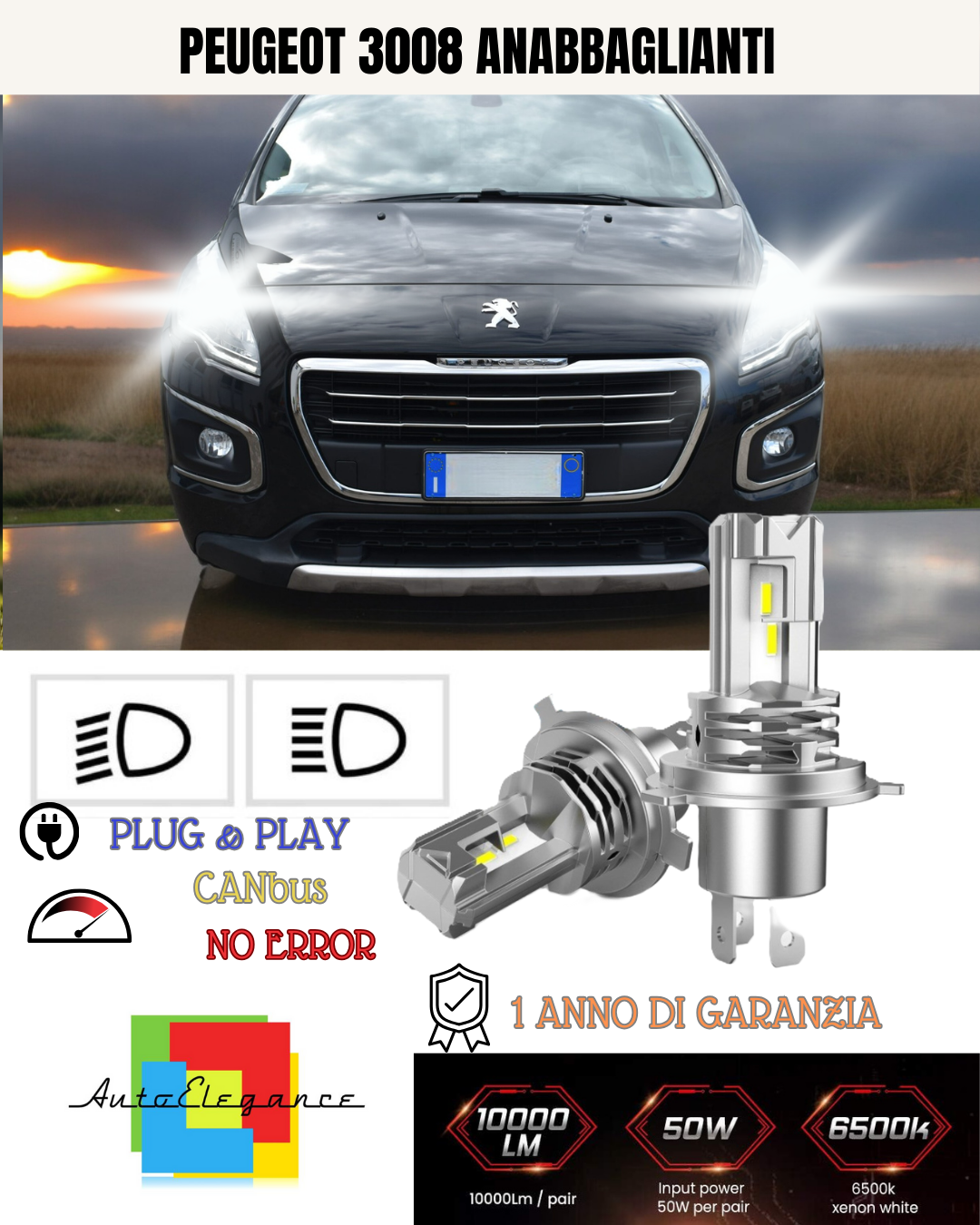 KIT LED H7 PER PEUGEOT 3008 MPV 6000K BIANCO 6000 LUMEN CANBUS ANABBAGLIANTI