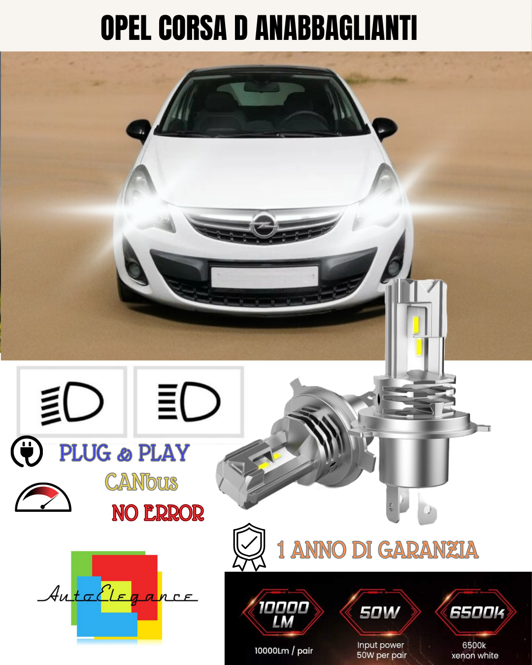 OPEL CORSA D H7 LED KIT 6000K WHITE 6000 LUMEN CANBUS LOW BEAM