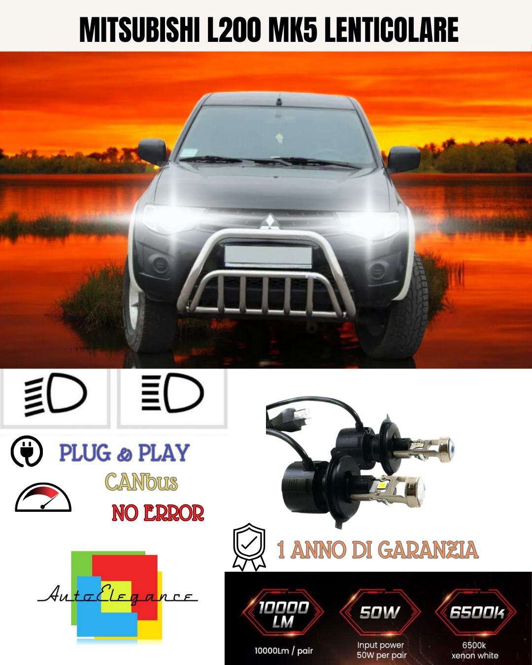 🔥KIT BI-LED H4 MITSUBISHI L200 MK5 6000K BIANCO LENTICOLARE🔥