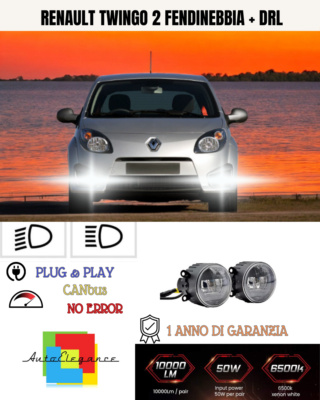 🔥SET PROIETTORI LED RENAULT TWINGO 2 RESTYLING 6500K NERO FENDINEBBIA + DRL🔥