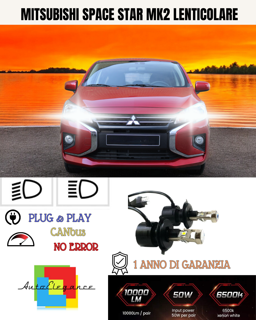 🔥KIT BI-LED H4 MITSUBISHI SPACE STAR MK2 6000K BIANCO LENTICOLARE🔥