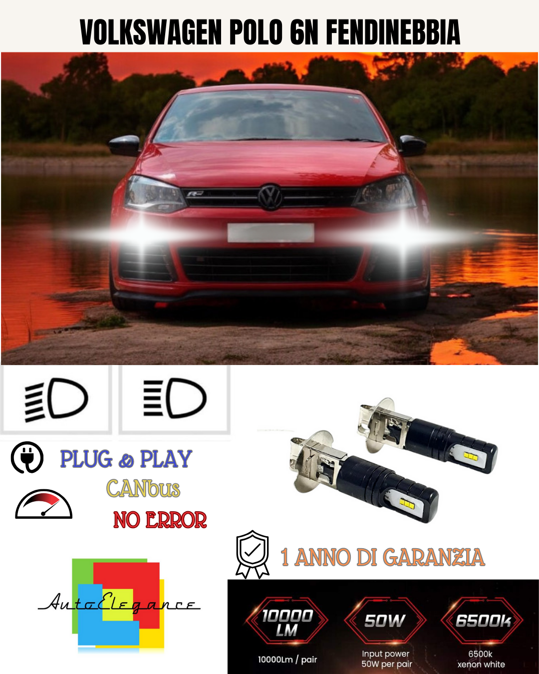 🔥KIT LED H3 VOLKSWAGEN POLO 6N 6000K BIANCO FENDINEBBIA 🔥