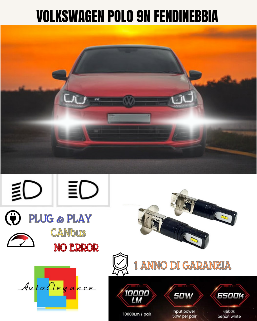 🔥KIT LED H3 VOLKSWAGEN POLO 9N PRE-RESTYLING  6000K BIANCO FENDINEBBIA 🔥