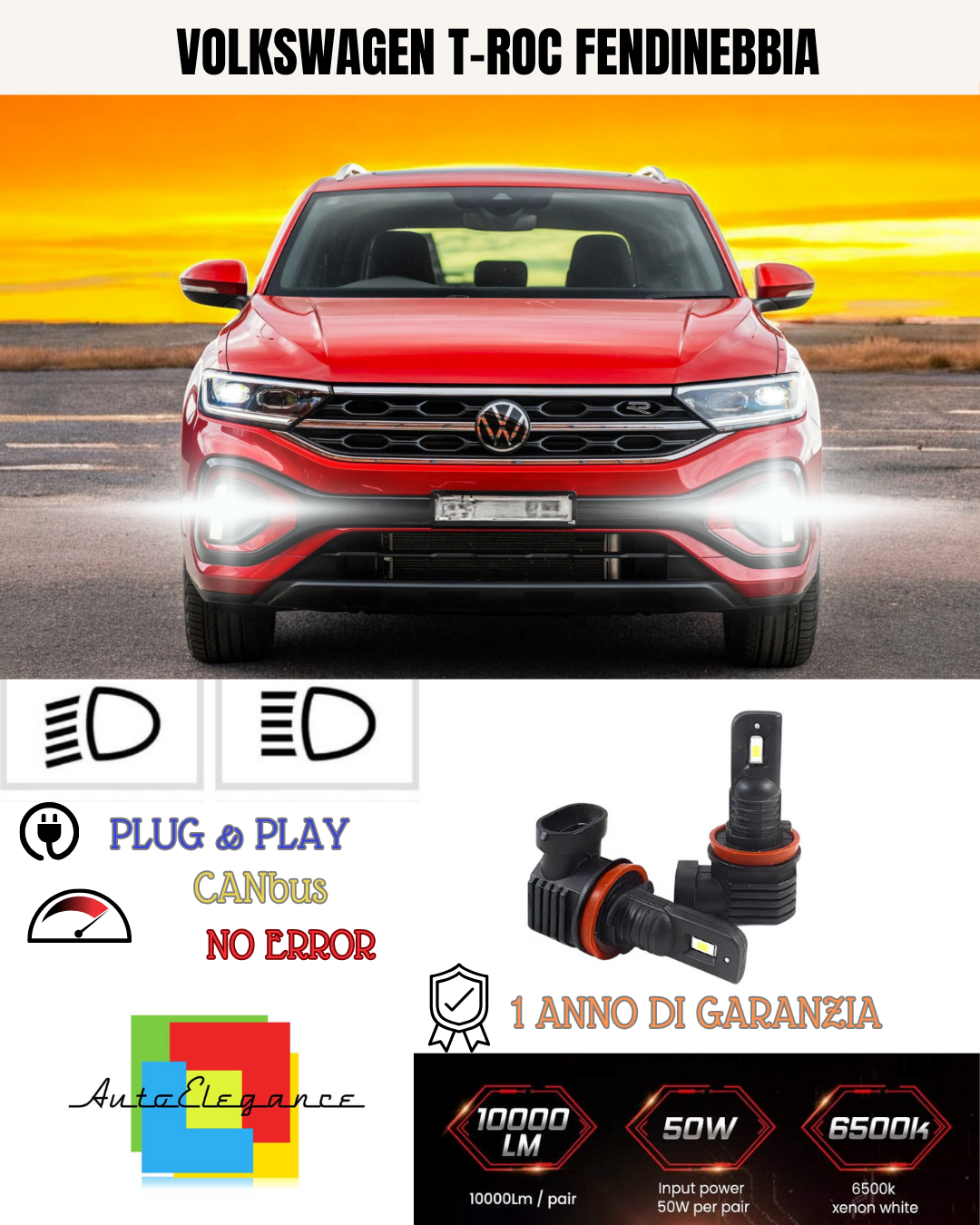 💫KIT LED H8  VOLKSWAGEN T-ROC 6000K BIANCO FENDINEBBIA 💫