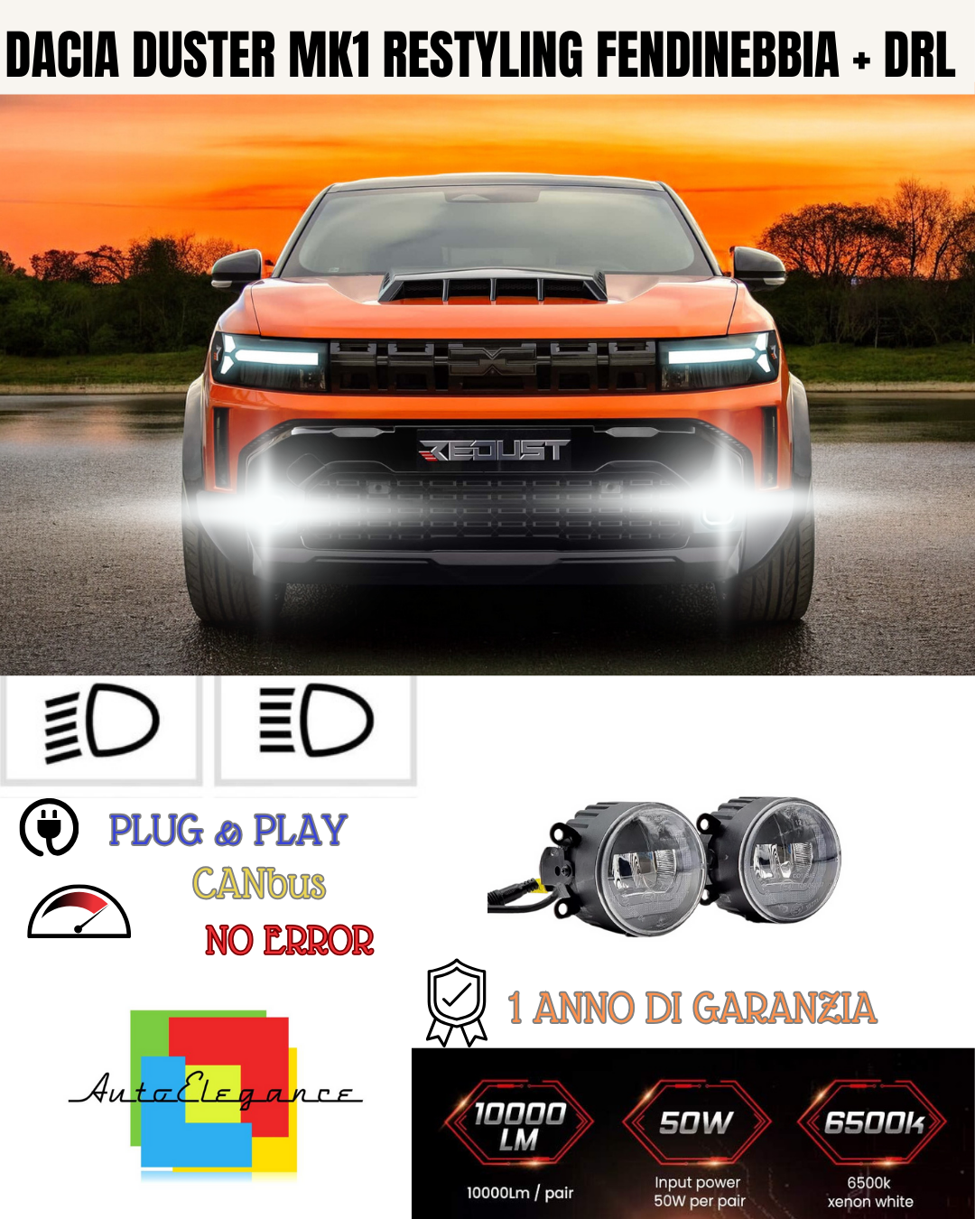 🔥SET PROIETTORI LED DACIA DUSTER MK1 RESTYLING 6500K NERO FENDINEBBIA + DRL🔥