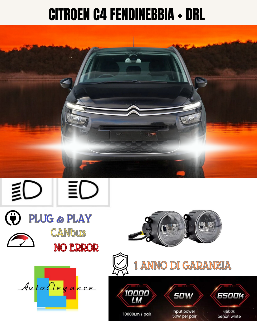 🔥SET PROIETTORI LED CITROEN C4 6500K NERO FENDINEBBIA + DRL🔥