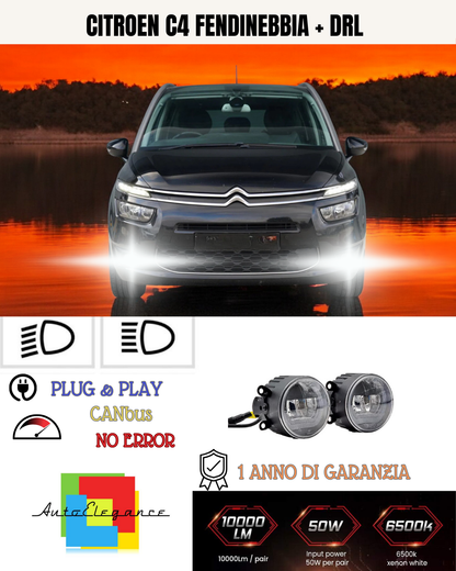 🔥SET PROIETTORI LED CITROEN C4 6500K NERO FENDINEBBIA + DRL🔥