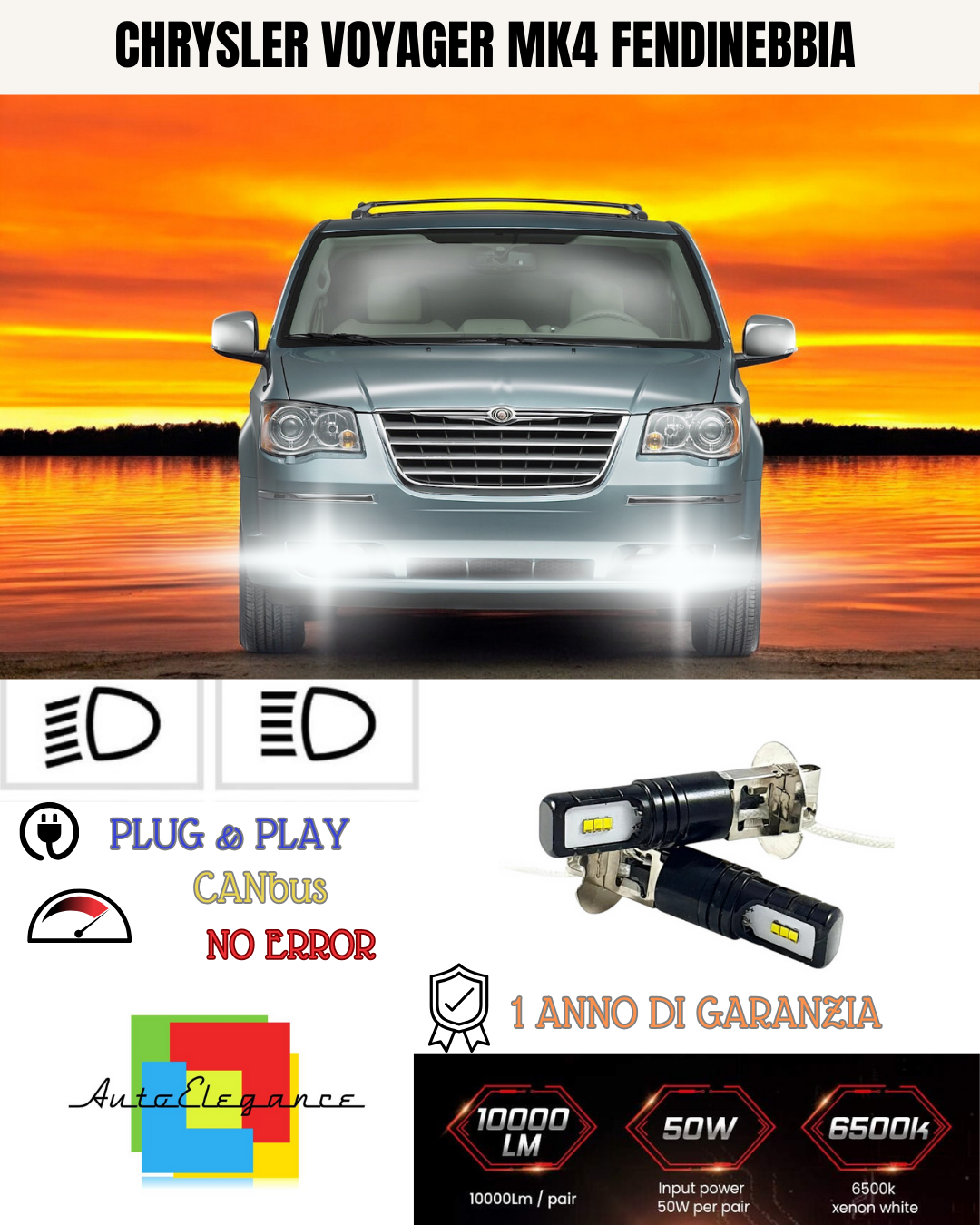 🔥KIT LED H3 CHRYSLER VOYAGER MK4 6000K BIANCO FENDINEBBIA🔥