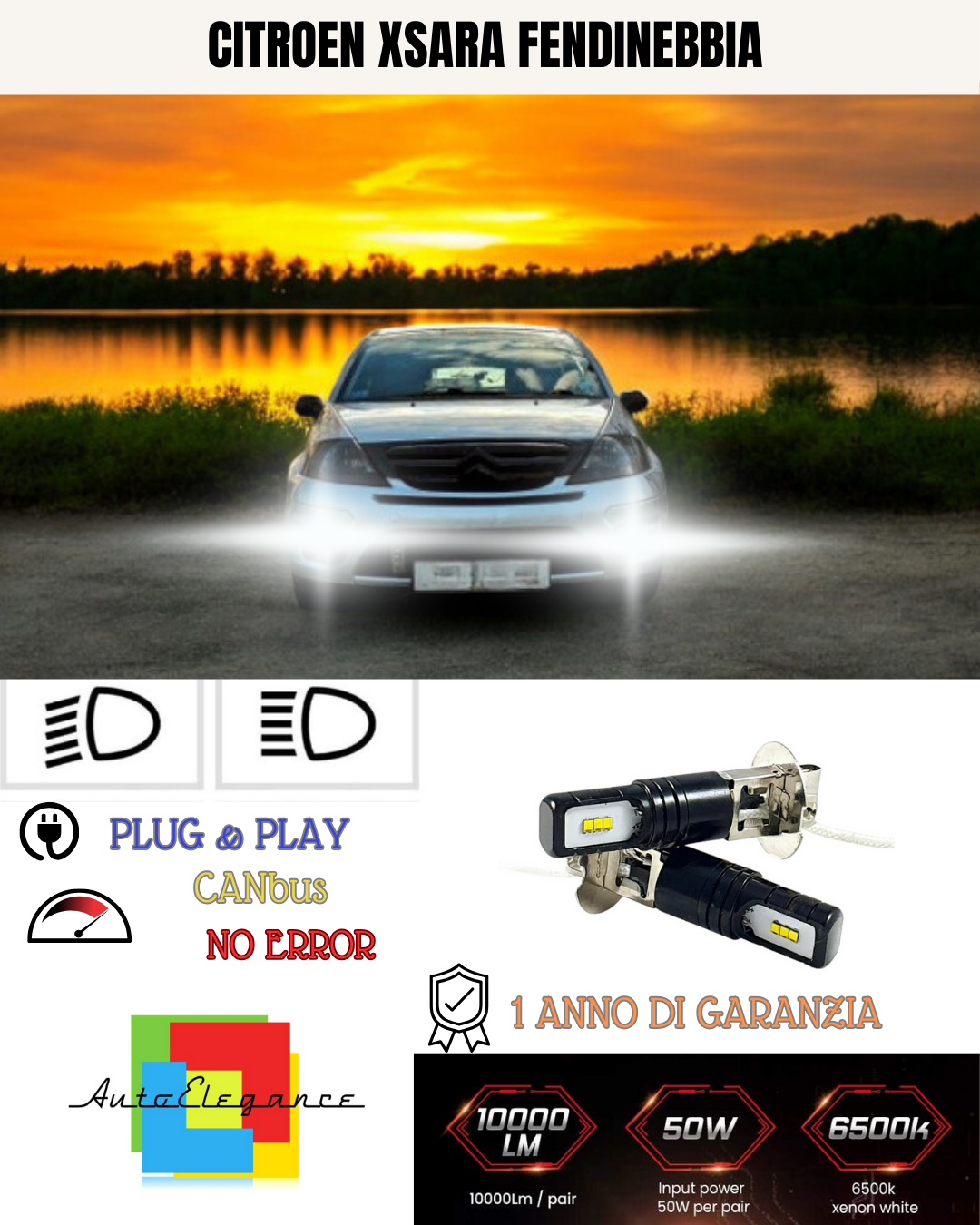 🔥KIT LED H3 CITROEN XSARA 6000K BIANCO FENDINEBBIA🔥