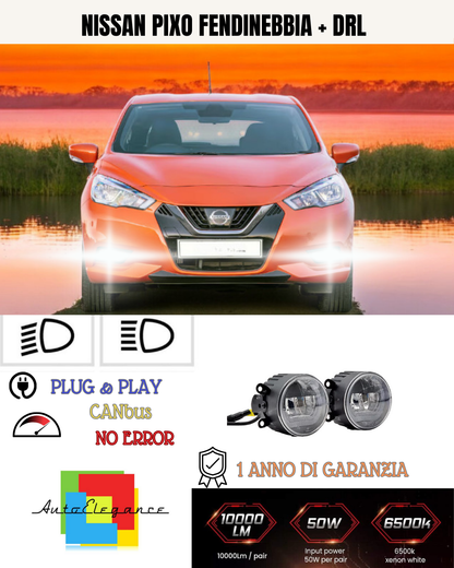 🔥SET PROIETTORI LED NISSAN PIXO 6500K NERO FENDINEBBIA + DRL🔥