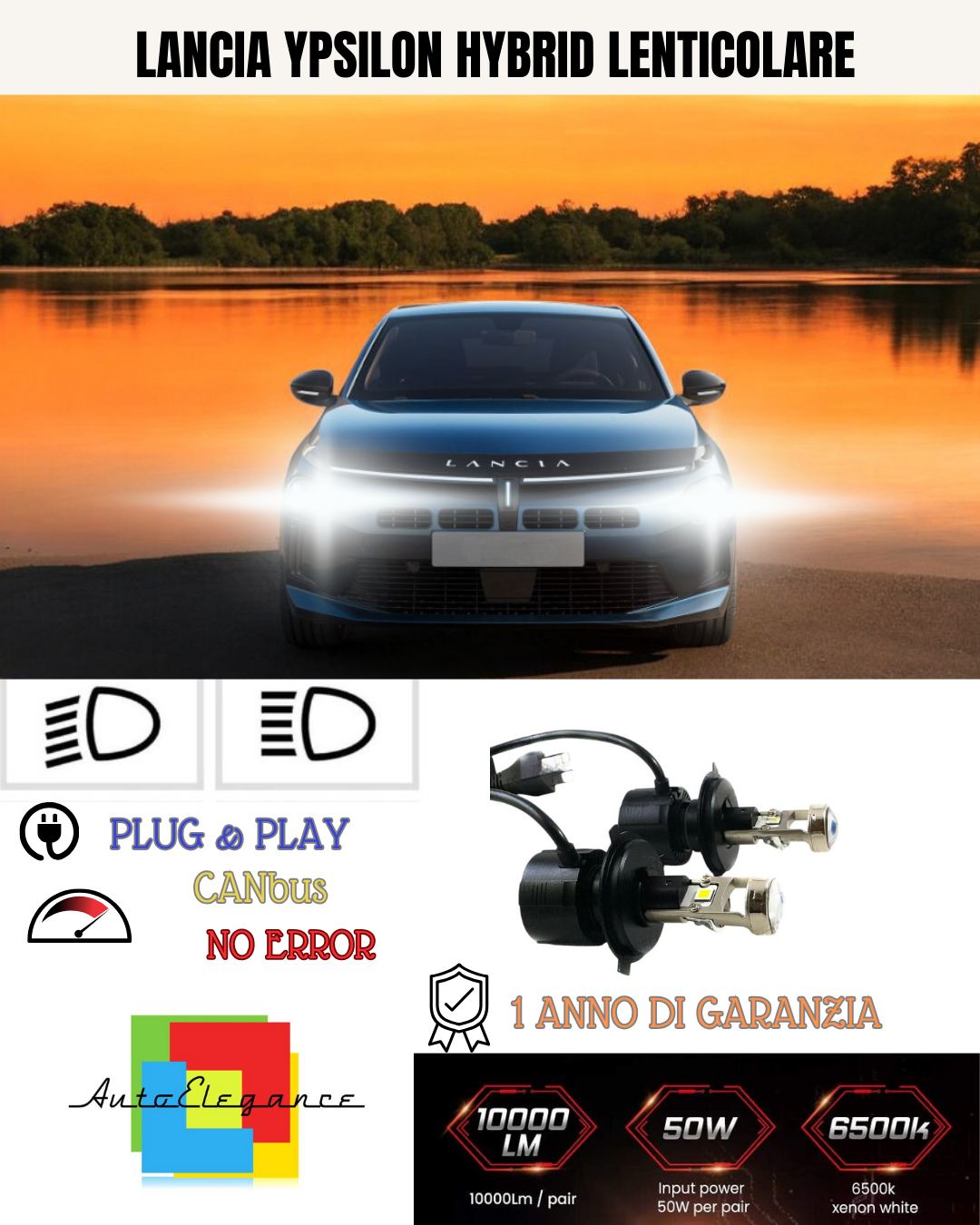 🔥KIT BI-LED H4  LANCIA YPSILON HYBRID 6000K BIANCO LENTICOLARE🔥