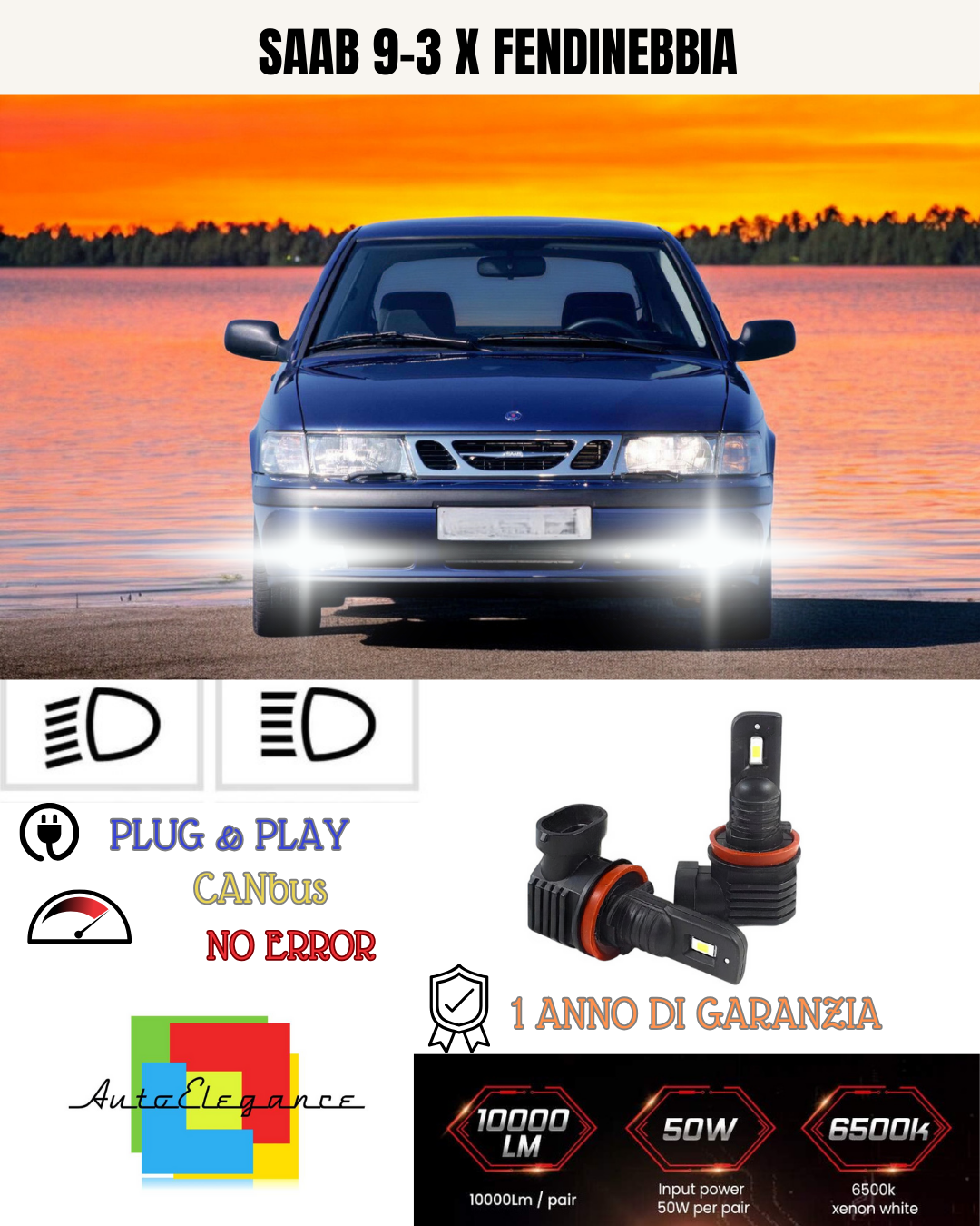 💫KIT LED H8 SAAB 9-3 X 6000K BIANCO FENDINEBBIA 💫