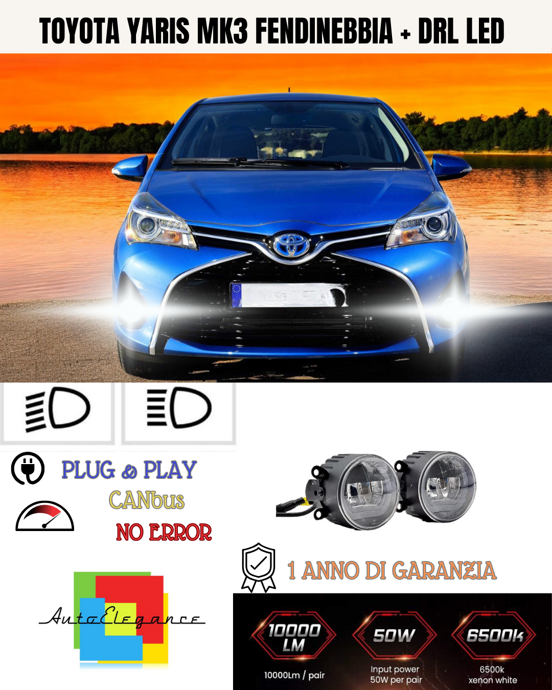 🔥SET PROIETTORI LED TOYOTA YARIS MK3 NERO FENDINEBBIA + DRL LED🔥