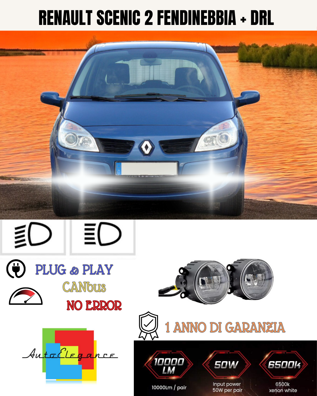 🔥SET PROIETTORI LED RENAULT SCENIC 2 6500K NERO FENDINEBBIA + DRL🔥