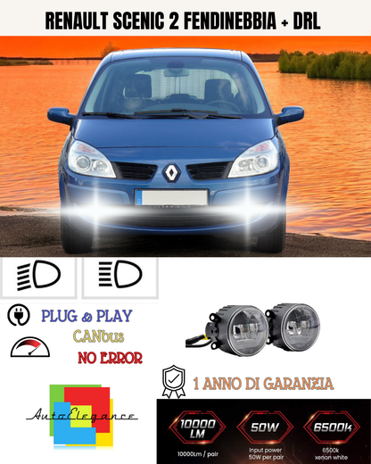 🔥SET PROIETTORI LED RENAULT SCENIC 2 6500K NERO FENDINEBBIA + DRL🔥
