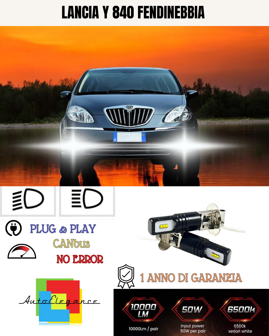 🔥KIT LED H3 LANCIA Y 840 6000K BIANCO FENDINEBBIA🔥
