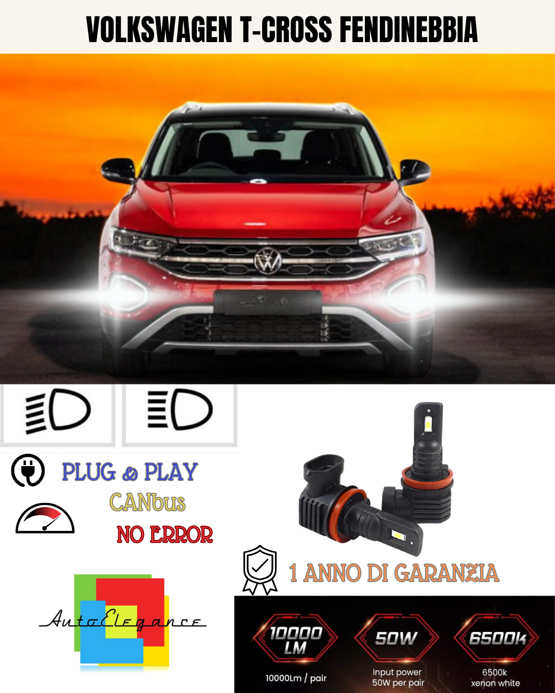 💫KIT LED H8 VOLKSWAGEN T-CROSS 6000K BIANCO FENDINEBBIA 💫