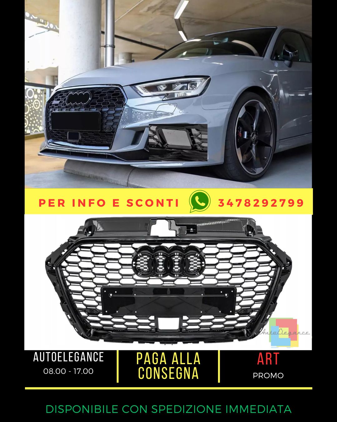 😍AUDI A3 8V 2017-2020 CALANDRE / GRILLE NOIR RS3 STYLE ACC RADAR😍